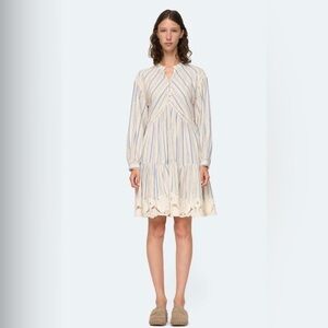 Sea New York Brady dress in a blue and neutral stripe pattern lace trim detail